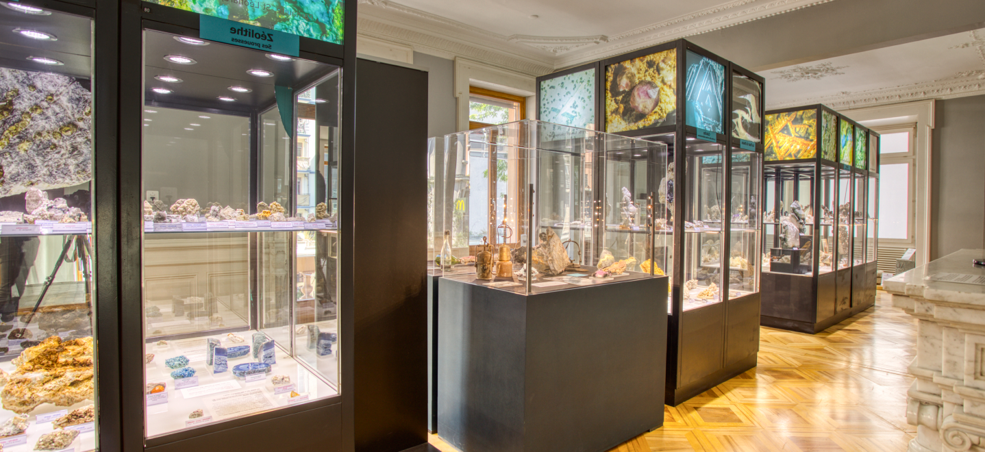 Salle du Musée des Sciences de la Terre avec cristaux et minéraux @Thomas Masotti